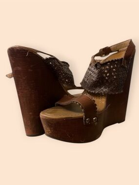 Soda Wedge Sandals Brown Woven Platform Ankle Strap Boho Summer